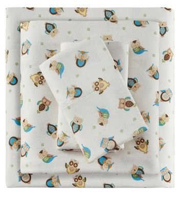 Olliix by True North by Sleep Philosophy Cozy Flannel Sand Owls Queen 100% Cotton Printed Sheet Set-0