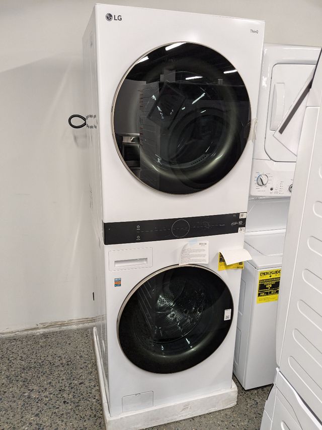 LG 4.5 Cu. Ft. Washer, 7.4 Cu. Ft. Dryer White Stack Laundry KAM
