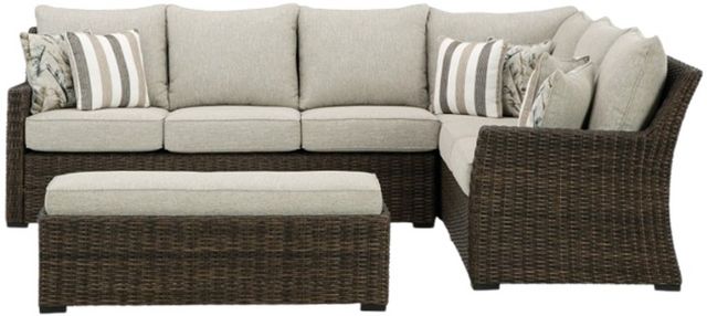 Signature Design by Ashley® Brook Ranch 3-Piece Beige/Brown Outdoor Fabric/Wicker Sofa Sectional and Bench-1