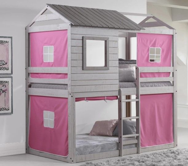 Donco Kids Deer Blind Pink/Rustic Light Gray Youth Twin/Twin Bunkbed with Tent Kit-1