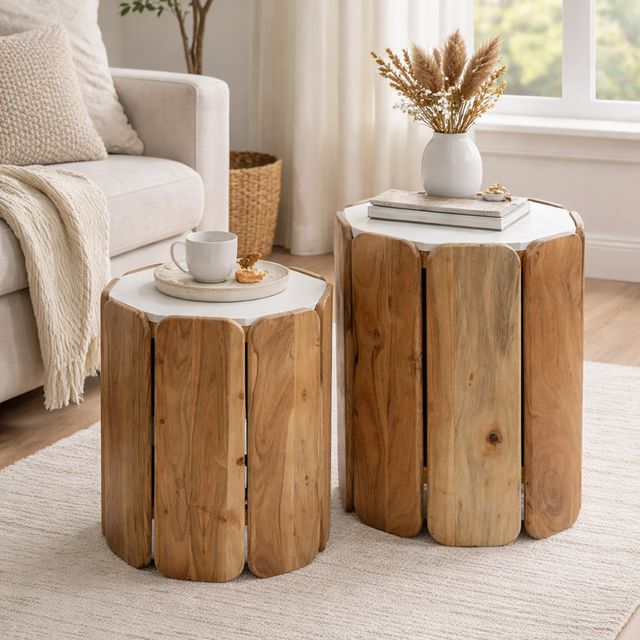 Stylecraft 2-Piece White Side Table with Natural Base Set-1