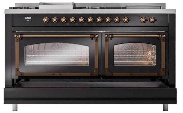 Ilve® Nostalgie II Noblesse 60'' Glossy Black Pro Style Dual Fuel Range with Burnished Trim-3