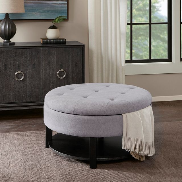 Olliix by Madison Park Miller Light Grey Round Storage Ottoman-3