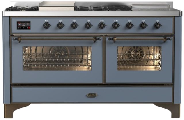 Ilve® Majestic III 60" Blue Gray Pro Style Dual Fuel Liquid Propane Range with French Top and Burnished Trim-0