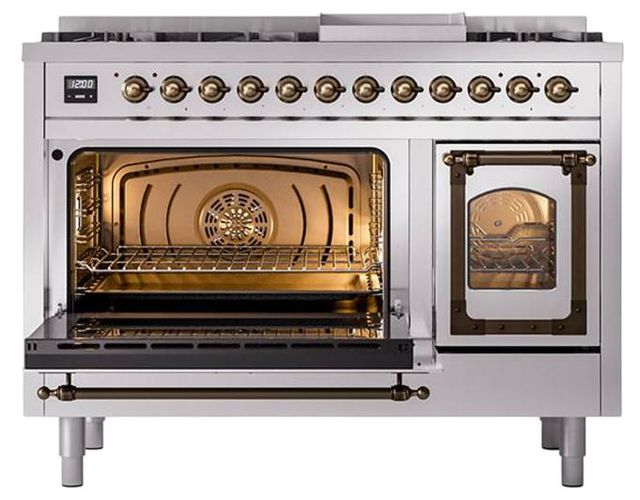 Ilve® Nostalgie II Noblesse 48'' Stainless Steel Pro Style Dual Fuel Range with Burnished Trim-3