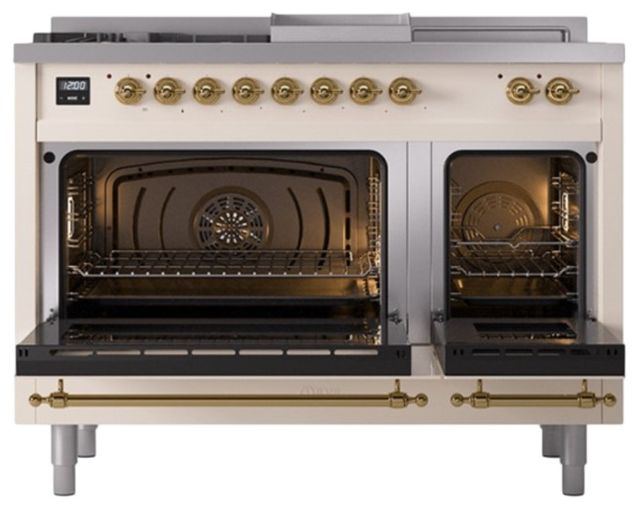 Ilve® Nostalgie II Noblesse 48'' Antique White Pro Style Dual Fuel Range with Brass Trim-2