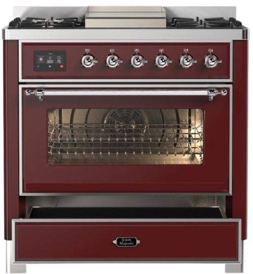 Ilve® Majestic III 36" Burgundy Pro Style Dual Fuel Liquid Propane Range with 6 Black Brass Burners and Chrome Trim-2