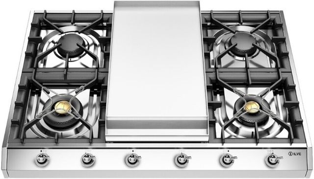 Ilve Nostalgie II 36” Stainless Steel Gas Cooktop with 6 Burners, Griddle and Chrome Trim-1