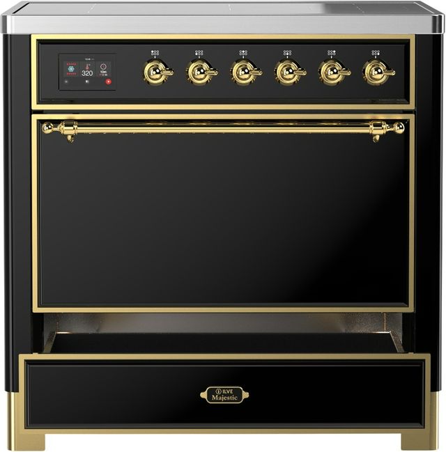 Ilve® Majestic III 36" Glossy Black Pro Style Induction Range with Solid Door and Brass Trim-3