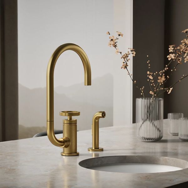 KOHLER® Billet® Vibrant Brushed Moderne Brass 16" Single Round-Handle Bar Sink Faucet with 2-Function Extended-Reach Spout and Side Sprayer-1