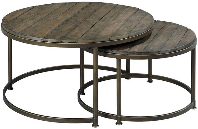 Hammary® Leone Weathered Barn Round Nesting Cocktail Table Set with Antique Brass Base-0