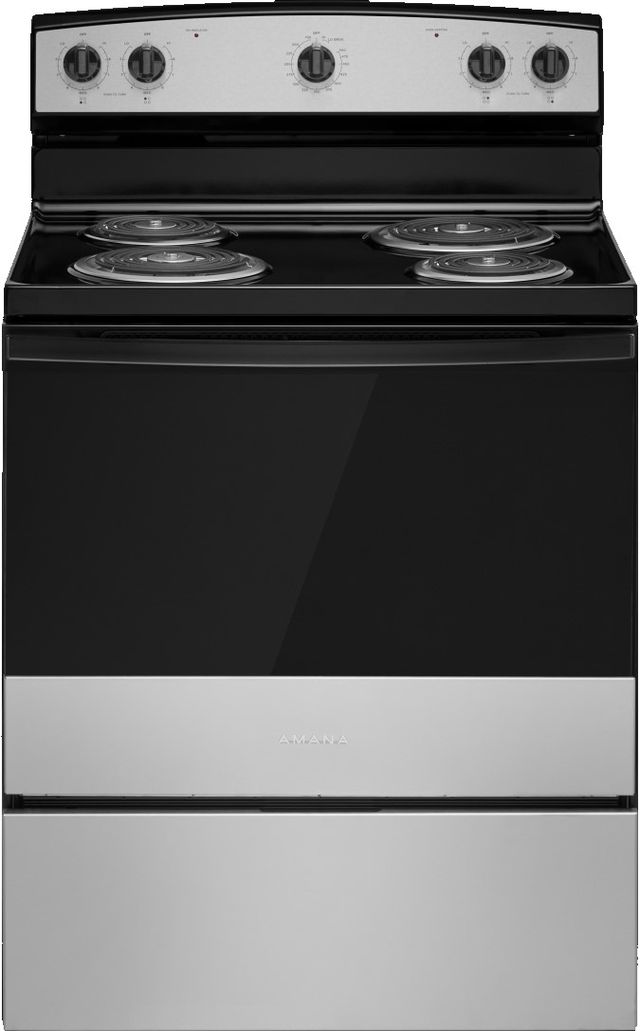 Amana® 30" Stainless Steel Freestanding Electric Range with SpillSaver™ Upswept Cooktop and Easy Clean Glass Door-0