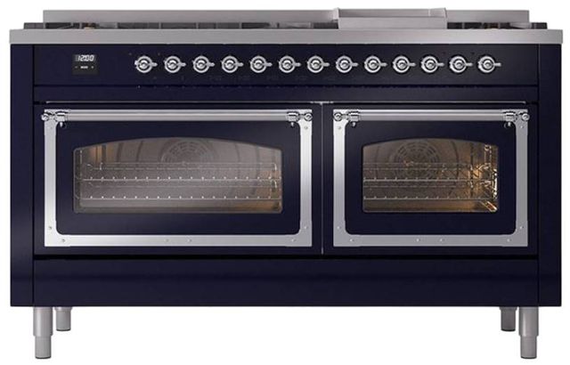 Ilve® Nostalgie II Noblesse 60'' Midnight Blue Pro Style Dual Fuel Range with Chrome Trim-1