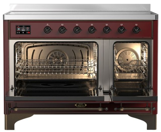 Ilve® Majestic III 48" Burgundy Pro Style Induction Range with Solid Door and Burnished Trim-1
