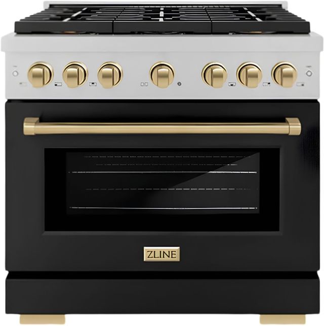 ZLINE Autograph Edition Paramount 36" 5.2 Cu. Ft. Satin Stainless Steel Gas Range with Black Matte Door and Champagne Bronze Accents-0