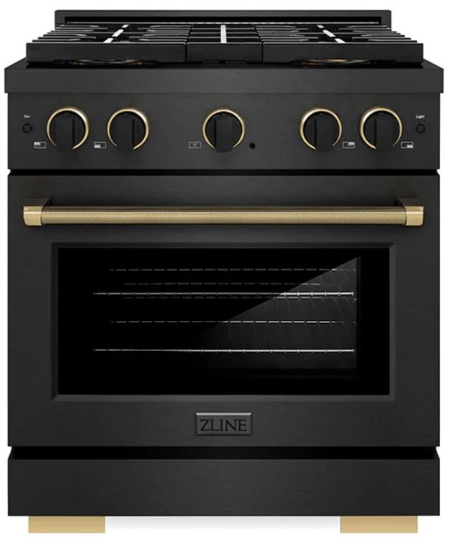 ZLINE Designer Collection Paramount 30" 4.2 Cu. Ft. Black Satin Stainless Steel Gas Range with 4 Burner DuoPro™ Cooktop and Convection Gas Oven with Black Matte and Champagne Bronze Accents-0