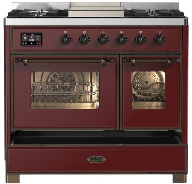 Ilve® Majestic III 40" Burgundy Pro Style Dual Fuel Liquid Propane Range with Triple Glass Door and Burnished Trim-2