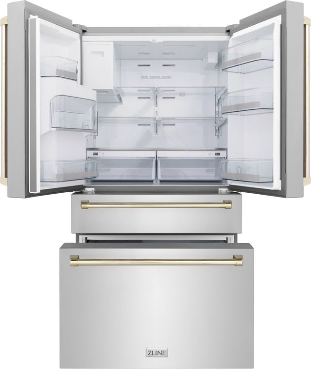 ZLINE Autograph Edition 36" 21.6 Cu. Ft. Fingerprint Resistant Stainless Steel Counter Depth French Door Refrigerator with Water/Ice Dispenser and Polished Gold Traditional Handles-1