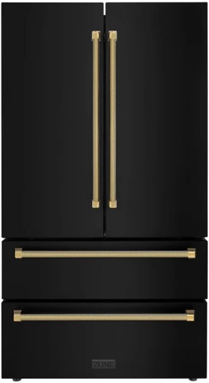 ZLINE Autograph Edition 36" 22.5 Cu. Ft. Fingerprint-Resistant Black Stainless Steel Counter Depth French Door Refrigerator with Polished Gold Helix Handles-0