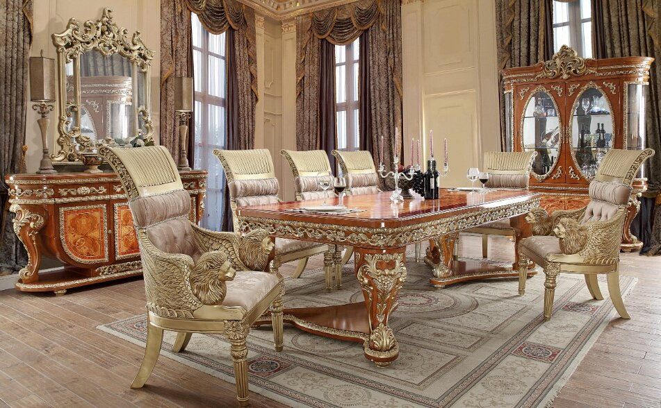 Homey Design Marquette 7-Piece Light Gray/Med Golden Tan/Met Bright Gold Dining Room Set