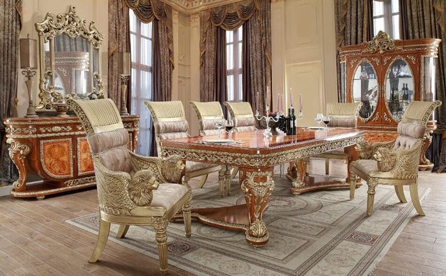 Homey Design Marquette 7-Piece Light Gray/Med Golden Tan/Met Bright Gold Dining Room Set-0