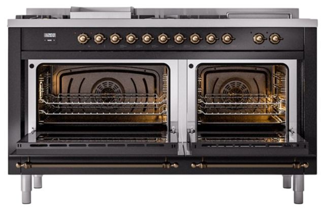 Ilve® Nostalgie II Noblesse 60'' Glossy Black Pro Style Dual Fuel Range with Burnished Trim-2