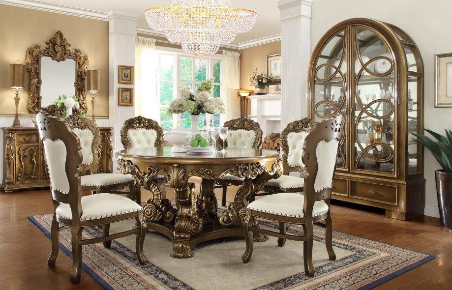 Homey Design 7-Piece Met Ant Gold/Perfect Brown/White Dining Room Set ...