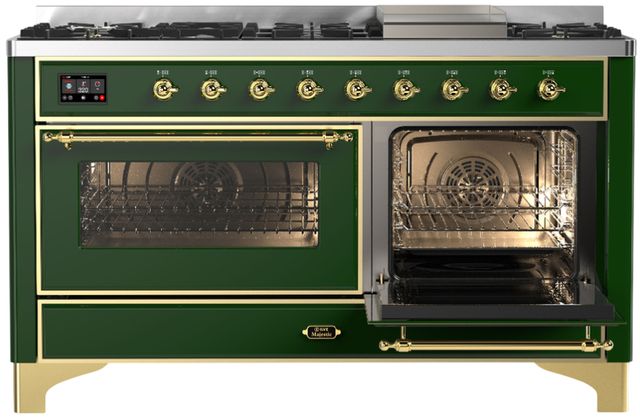 Ilve® Majestic III 60" Emerald Green Pro Style Dual Fuel Natural Gas Range with Triple Glass Door and Brass Trim-3