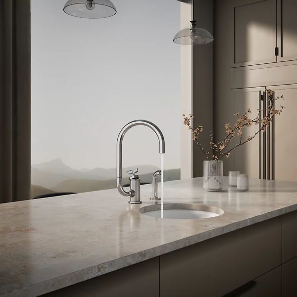 KOHLER® Billet® Polished Chrome 16" Single Cross-Handle Bar Sink Faucet with 2-Function Extended-Reach Spout and Side Sprayer-2