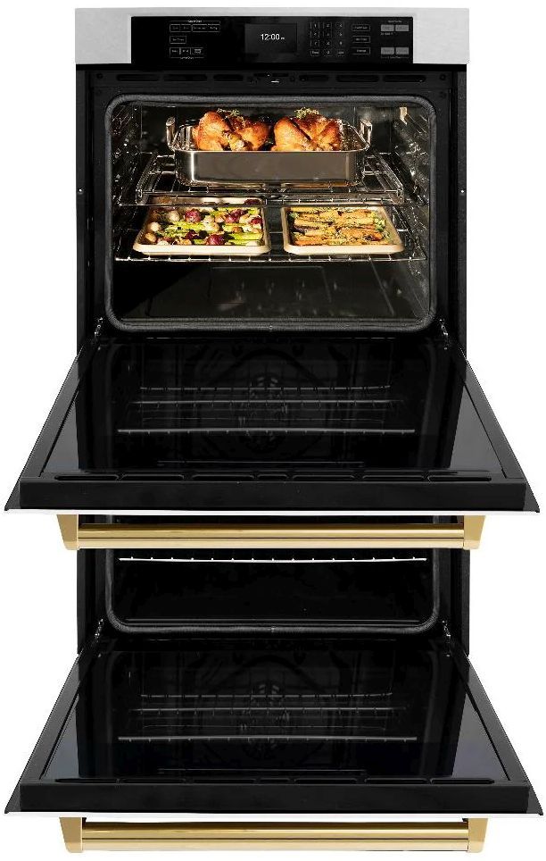 ZLINE Autograph Edition Professional 30" Satin Stainless Steel Double Electric Wall Oven with White Matte Doors and Polished Gold Accents-2