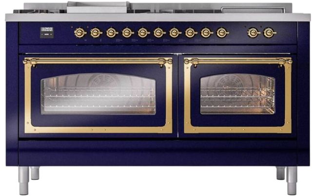 Ilve® Nostalgie II Noblesse 60'' Midnight Blue Pro Style Dual Fuel Range with Brass Trim-1