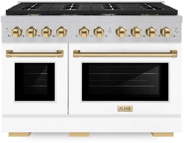 ZLINE Autograph Edition Paramount 48" Satin Stainless Steel Pro Style Dual Fuel Range with White Matte Door and Polished Gold Accents-0