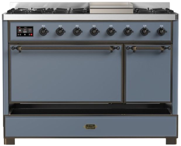 Ilve® Majestic III 48" Blue Gray Pro Style Dual Fuel Natural Gas Range with Solid Door and Burnished Trim-2