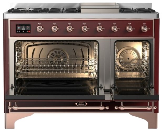 Ilve® Majestic III 48" Burgundy Pro Style Dual Fuel Natural Gas Range with Solid Door and Copper Trim-1