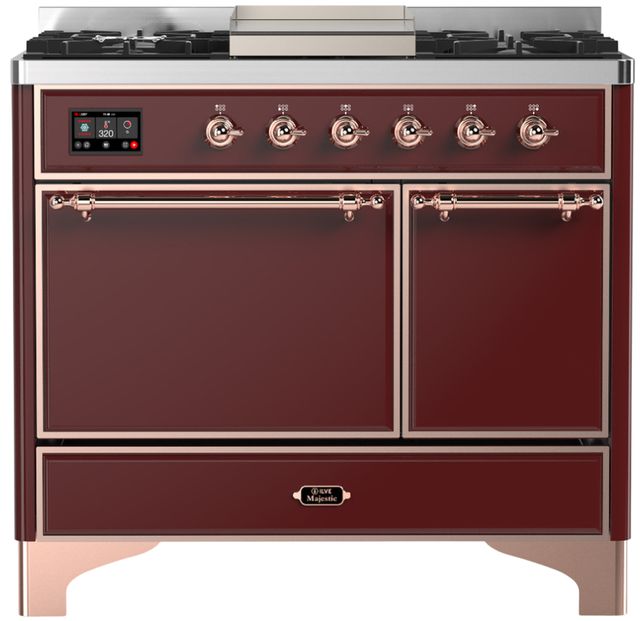 Ilve® Majestic III 40" Burgundy Pro Style Dual Fuel Liquid Propane Range with Solid Door and Copper Trim-0