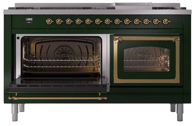 Ilve® Nostalgie II Noblesse 60'' Emerald Green Pro Style Dual Fuel Range with Brass Trim-3