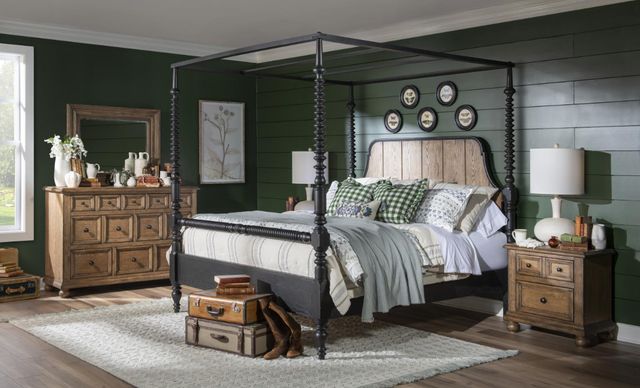Legacy Classic Vintage Market Barnwood Oak/Kettle Black King Canopy Bed-2