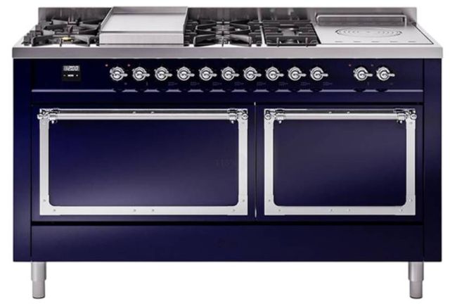 Ilve® Nostalgie II Noblesse 60'' Midnight Blue Pro Style Dual Fuel Range with Chrome Trim-0