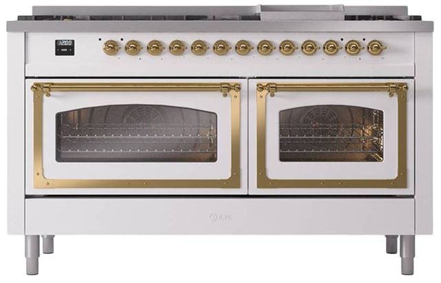 Ilve® Nostalgie II Noblesse 60'' White Pro Style Dual Fuel Range with Brass Trim-1