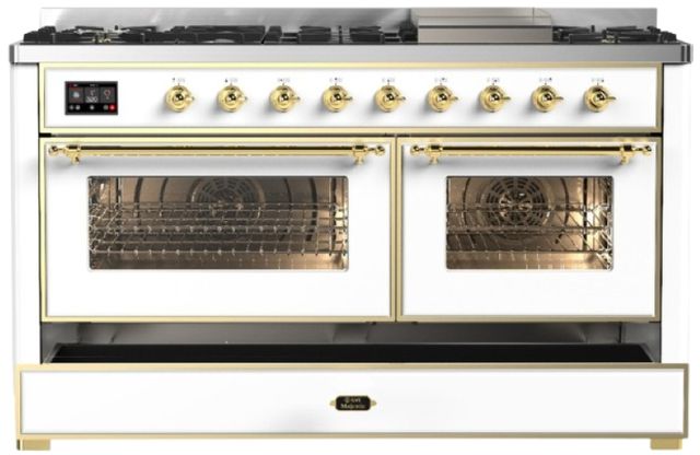 Ilve® Majestic III 60" White Pro Style Dual Fuel Natural Gas Range with Triple Glass Door and Brass Trim-2