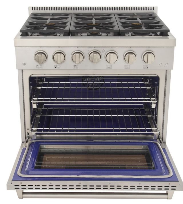 Kucht Professional KFX Series 36" Stainless Steel Pro Style Liquid Propane Gas Range with Light Blue Door and True Simmer Burners-3