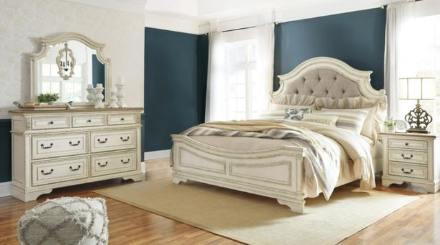 Signature Design by Ashley® Realyn 4-Piece Chipped White Queen Upholstered Panel Bed Set-5