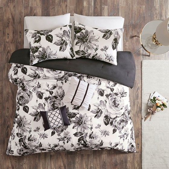 Olliix by Intelligent Design Dorsey Black and White King/California King Floral Print Comforter Set-2