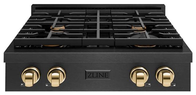 ZLINE Autograph Edition Paramount 30" Black Satin Stainless Steel Gas Rangetop with 4 Brass Burners and Porcelain Cooktop in Polished Gold Accents -0
