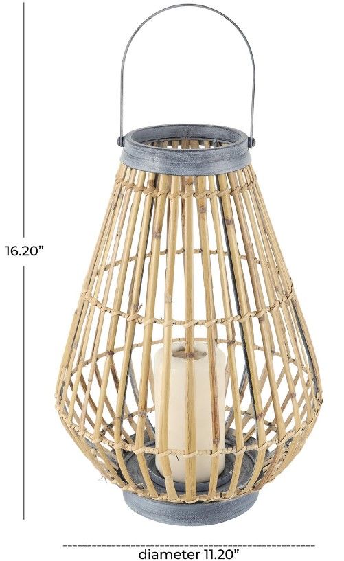 Deco Marche Brown Bamboo Handmade Open Framed Candle Lantern with Blue Metal Accents and Handle-2