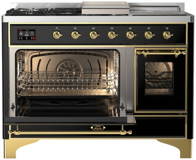 Ilve® Majestic III 48" Glossy Black Pro Style Dual Fuel Natural Gas Range with 5 Black Brass Burners and Brass Trim-2