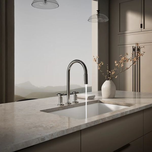 KOHLER® Billet® Vibrant Titanium Kitchen Sink Faucet with 2-Function Sprayhead and Round Handles-2