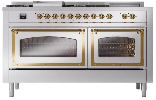 Ilve® Nostalgie II Noblesse 60'' Stainless Steel Pro Style Dual Fuel Range with Brass Trim-1