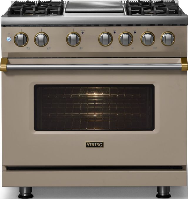Viking® 5 Series 36" Nantucket Pro Style Dual Fuel (LP) Range with Brushed Brass Trim-2