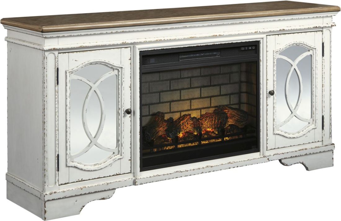 Signature Design by Ashley Realyn Chipped White 74 TV Stand with Electric Fireplace Furniture Loft Osage City Kansas